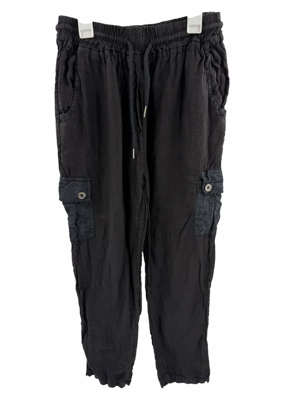 Tempo Paris Black 100% Linen Cargo Straight Leg Pull On Pant Boho Size Large‎